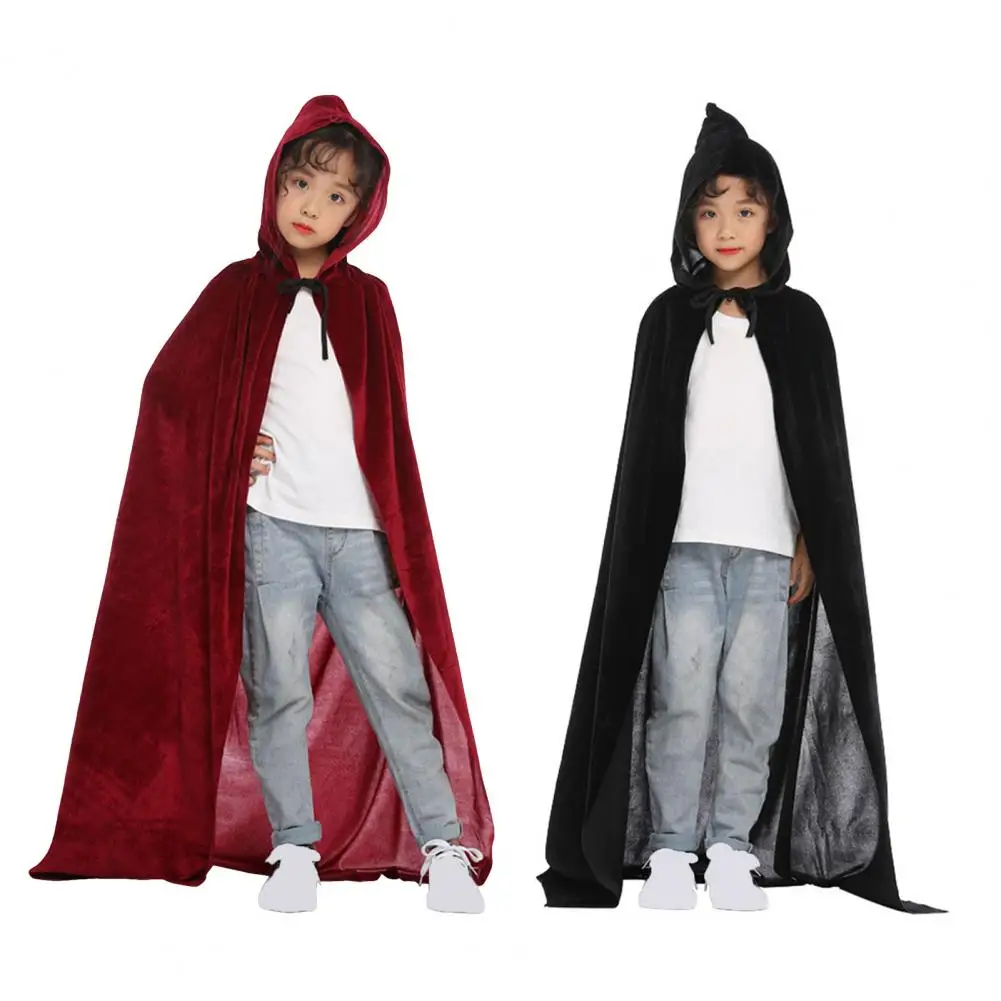 Cosplay Cloak Kids Halloween Witch Cape with Tie-up Hood for Cosplay Stage Performance Floor Length Unisex Costume Cloak Ribbon