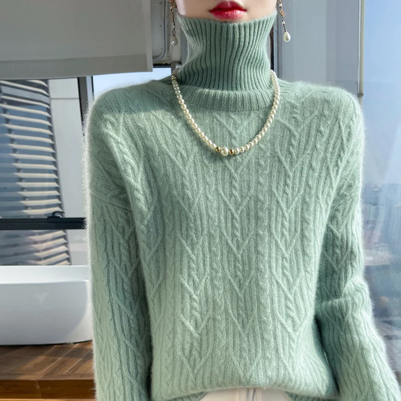 

Autumn and winter new 100% pure wool women's high-necked long-sleeved sweater loose Korean cashmere knitting base cedar.