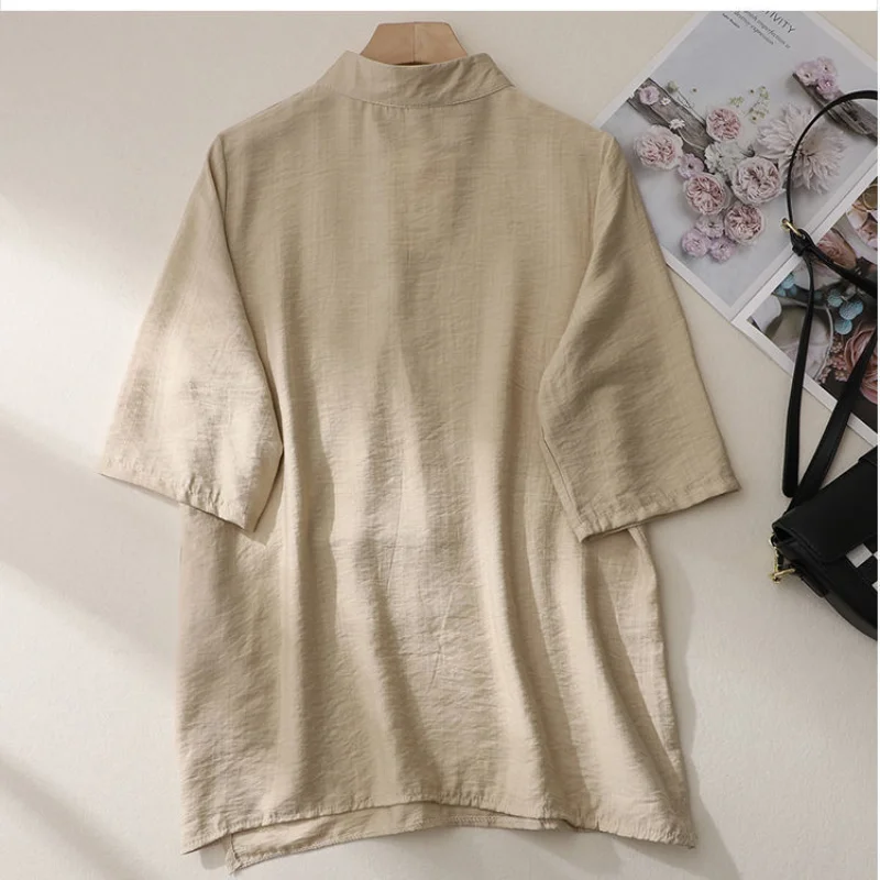 Chinese Style Cotton Linen Summer New Women\'s Stand Collar Button Spliced Asymmetrical Vintage Loose Three Quarter Shirt Blouse