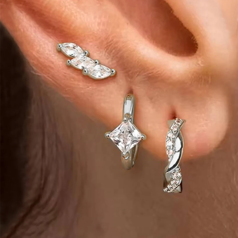 3PCS French Design Geometry Irregularity Hoop Earrings Set For Women Horse Eye Zircon Ear Stud Fashion Aesthetic Jewelry Aretes