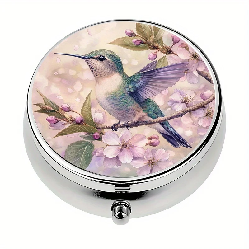 1-piece pill box, 3 compartments with hummingbird and cherry blossom theme, mini pill box, pill storage box, decorative vitamin box, suitable for purse or wallet