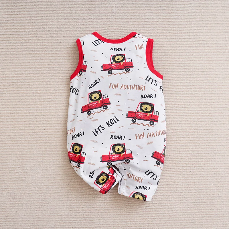 BabyUnisexBoy And Girl Newborn JumpsuitForChildren\'s ClothingBabySummer Sleeveless Cute Cartoon Lion Car Full PrintPrintJumpsuit