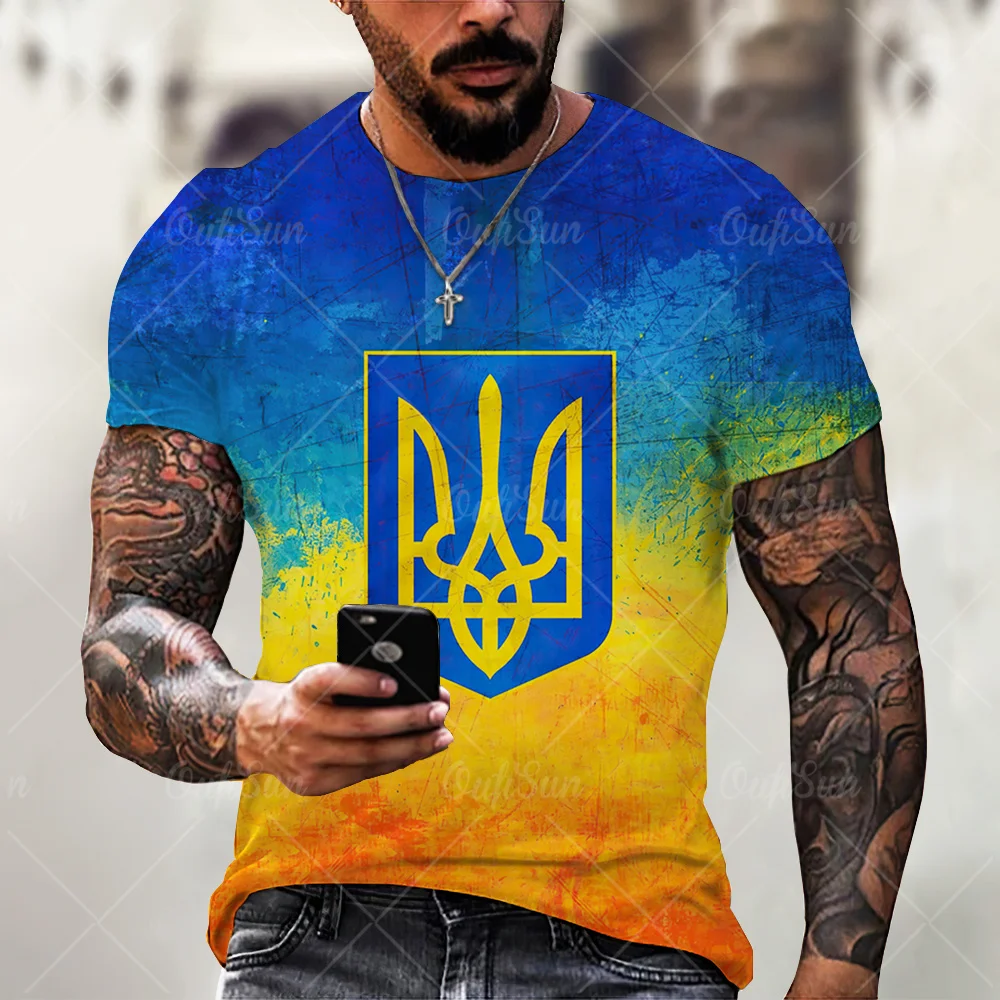 2023 Vintage 3D Printed Men\'s T-shirt Ukraine T-shirt Trend Men\'s Flag Short Sleeve Summer Crew Neck Oversized Top