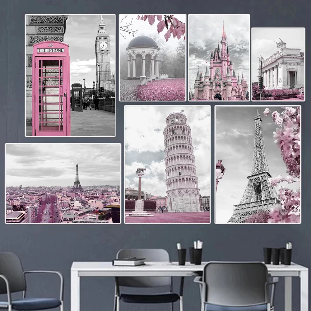 

France City Landscape Poster Prints for Living Room, Home Decor, Pink and Black Wall Art, Paris Eiffel Tower Canvas Painting