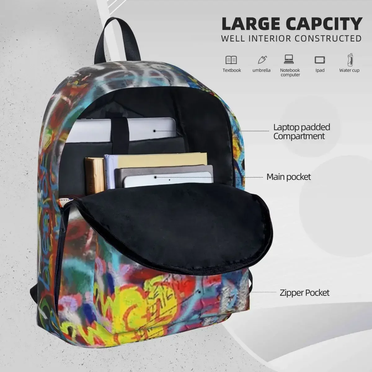 Wall Art Graffiti Backpacks for Woman, Boys and Girls Bookbag, School Bags, Portability Laptop Rucksack, Initiated Bag, Fashion Students