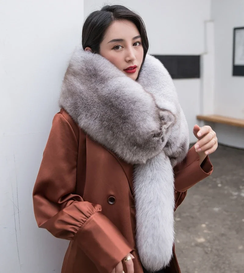 

Winter Warm Large Real Fox Fur Collar Natural Fur Coat Scarves Luxury Women Men Jackets Hood Shawl Decor Female Neck Scarf Wraps