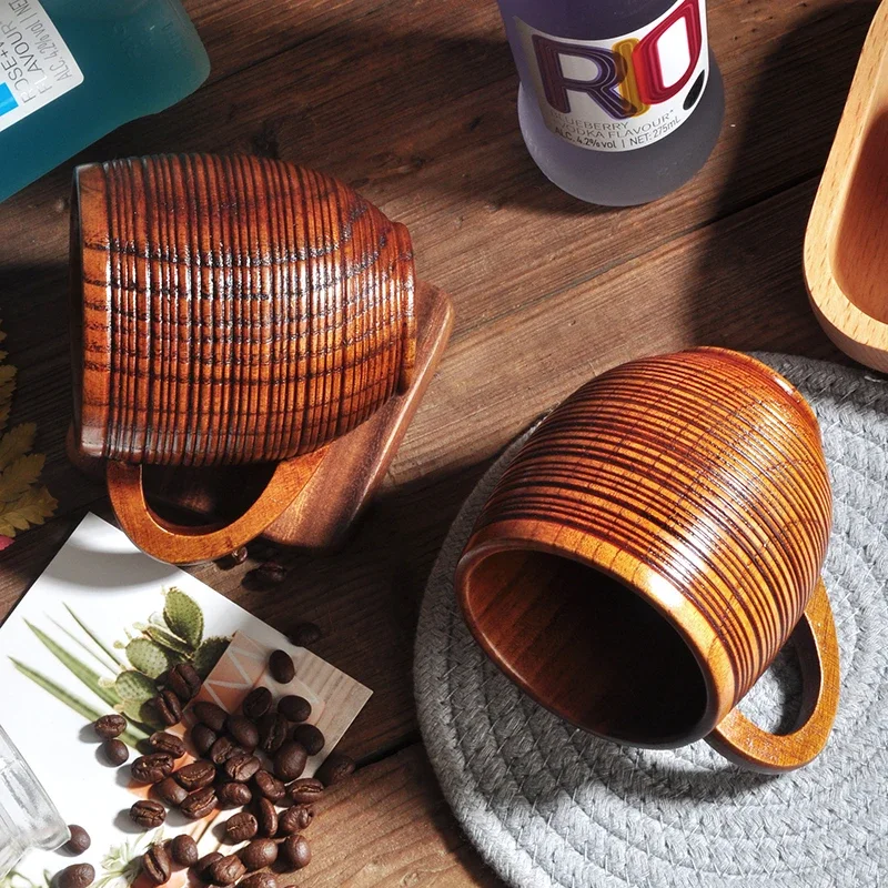 Wooden Big Belly Mug Cup with Handle Handmade Natural Wood Beer Tea Coffee Milk Water Cup Japanese Drinkware Kitchen Bar