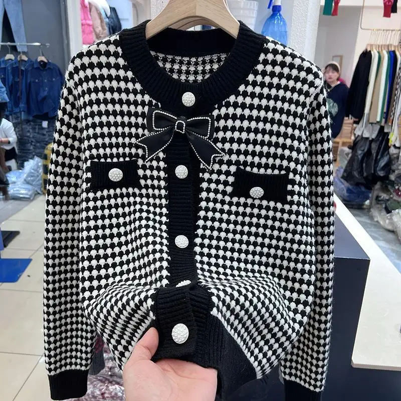 Women Autumn and Winter  New Crew Neck Plaid Contrast Panelled Knit Cardigan Sweater Thickened Button Bow Long Sleeves Coat