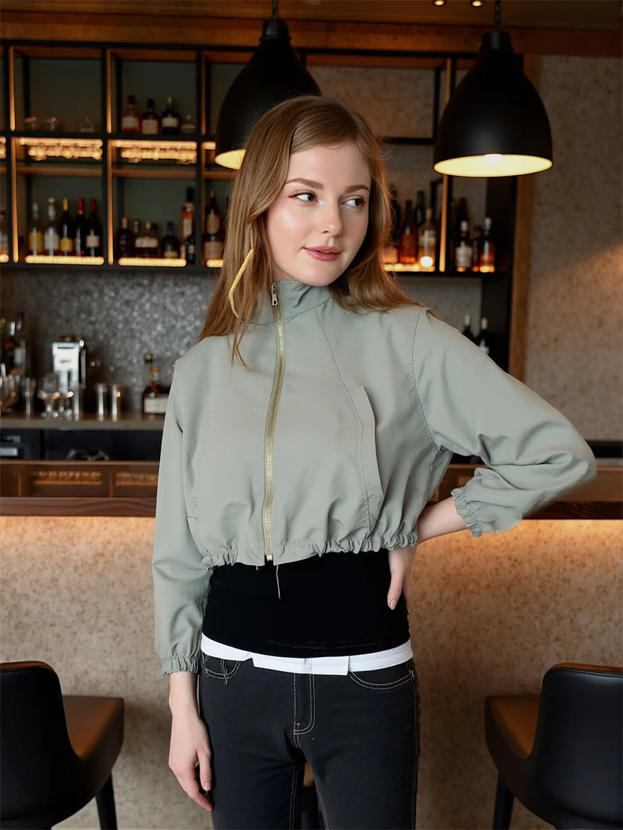 

Cropped Pleated Zipper Jackets Coats Woman Demi-Season Jacket For Women Fall Drawstring Motorcycle Evening Lady's Hippie Element