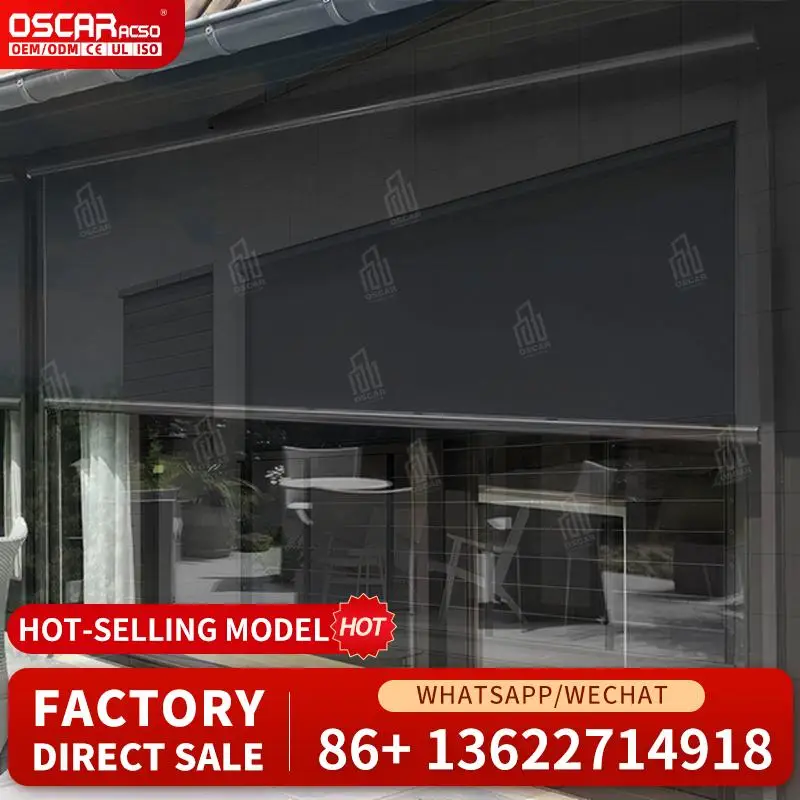 Modern Outdoor Electric Zip Rail Roller Blind Aluminum Frame Windproof Waterproof Shading UV Protection for Patio Balcony Garden