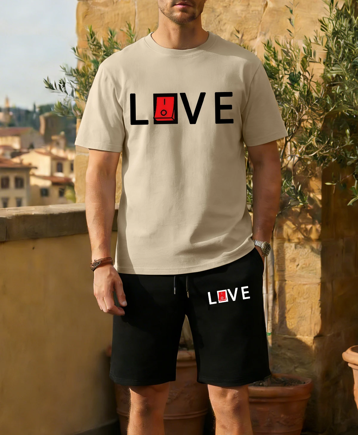 

The Switch Of Love Printing Men Sportsuit Summer O-Neck Cotton Tee Drawstring Shorts Unisex Basics Street Fashion Clothing