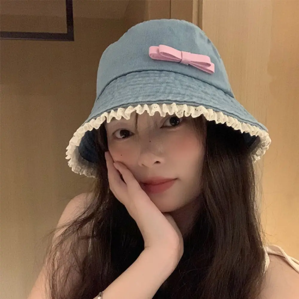 الرجعية كبيرة الحواف الدنيم قبعة بحافة ربطة القوس فيونكة Y2K الدانتيل صياد قبعة الكورية نمط UV حماية القوس واقية من الشمس قبعة في الهواء الطلق