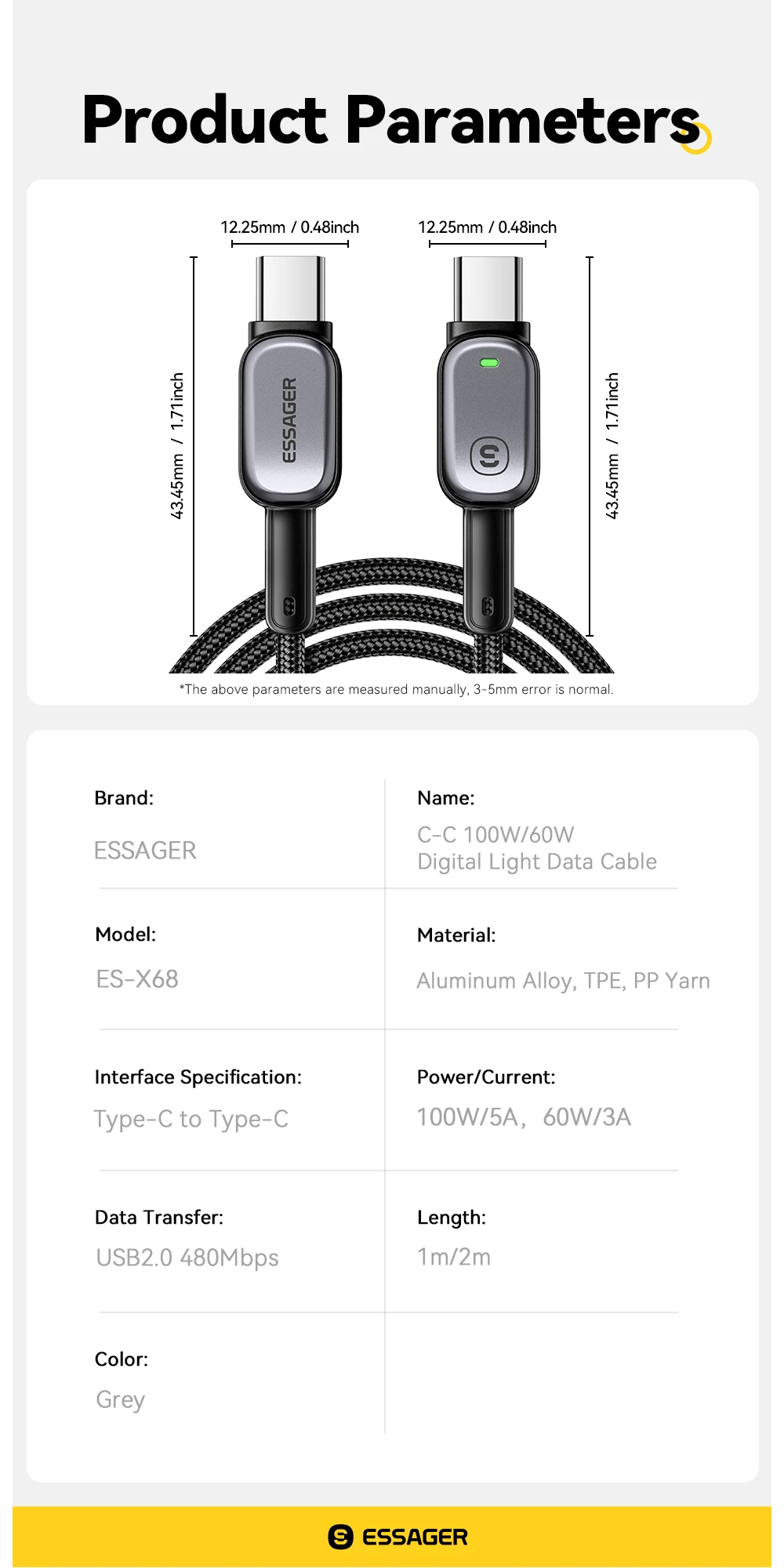 Essager 100W Typ-C-zu-Typ-C-Kabel für iPhone 16 15 Xiaomi Samsung Huawei PD Schnellladung für Macbook Tablet Laptop LED-Kabel – Detail 11