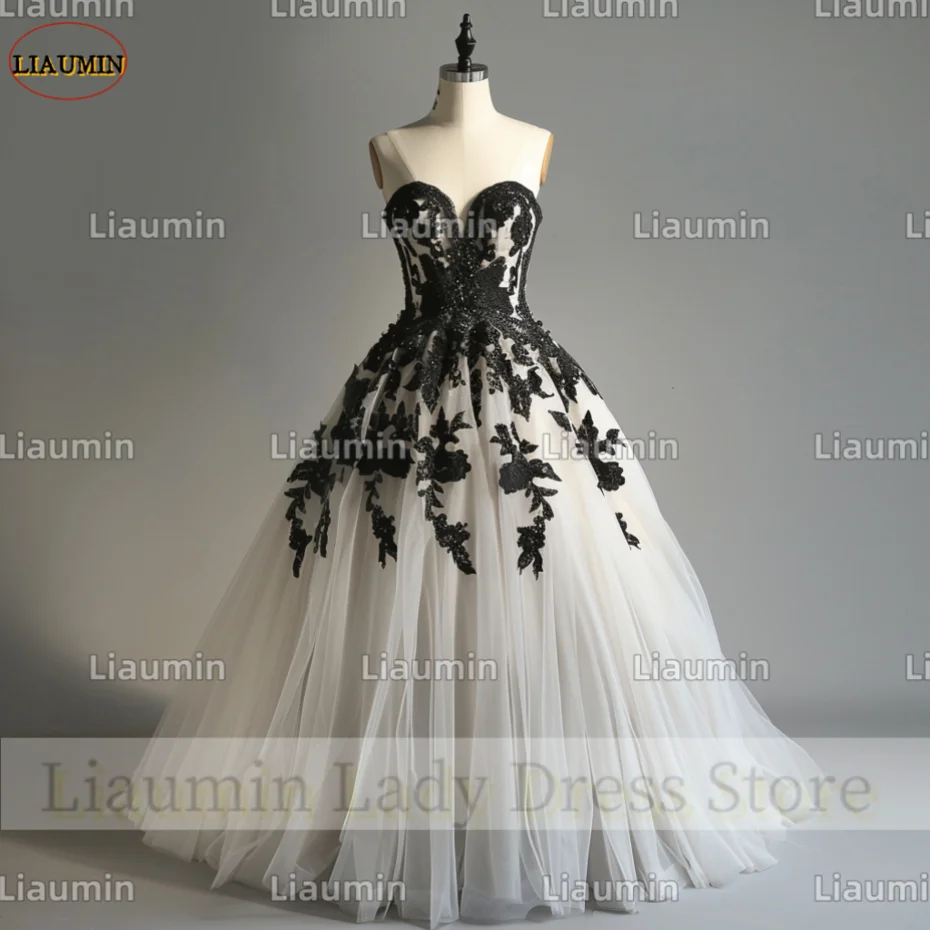 

New Simple Classic Ivory Tulle Black Lace Applique Strapless Prom Formal Wedding Dresses Evening Lace Up Back Custom A4-12.6