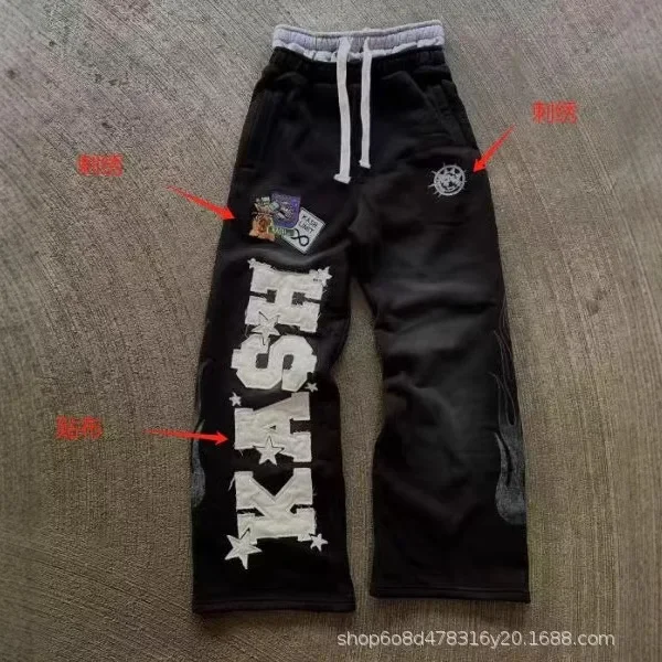 Hot Sale Y2K New Double Waisted Sweatpants Mens Womens Harajuku Retro Letter Graphics Embroidered Gothic Straight Casual Pants T