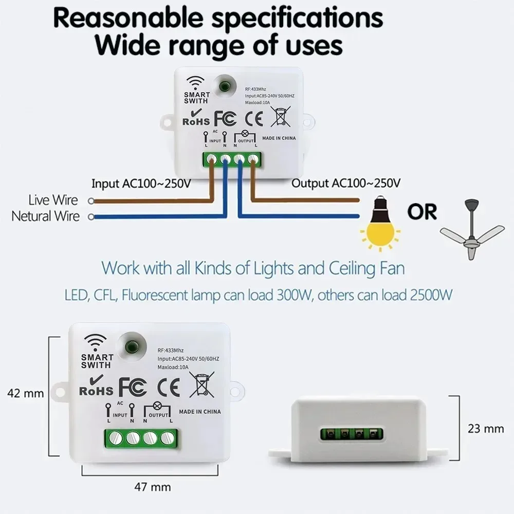 RF 433MHz Wireless Remote Control Switch AC 110V 220V 1CH RF Relay Receiver Module Switch For LED Light Lamps Fans DIY