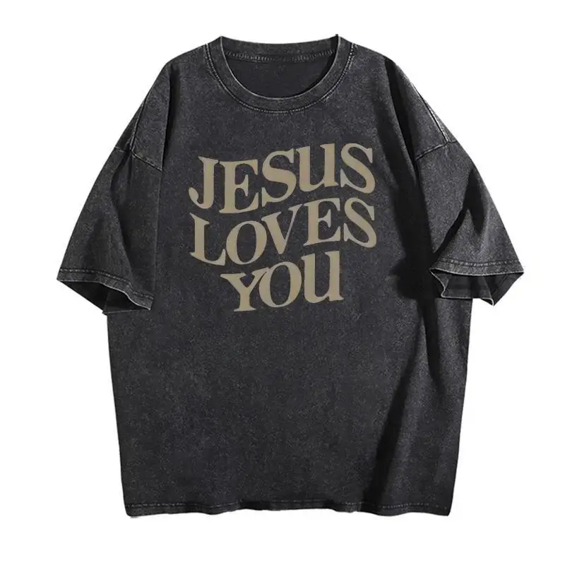 

Jesus Loves You T-shirt Vintage Washed Christian Graphic Tee Unisex Casual Loose Top Harajuku Streetwear Y2K Grunge Style