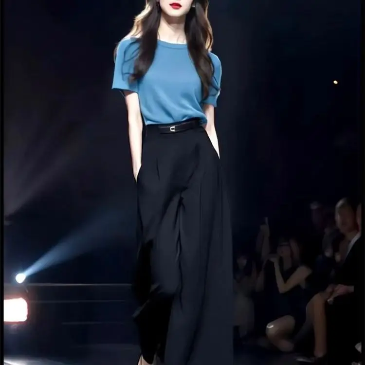 New High Quality Elegant Summer Women's Two Piece Set Slim O-neck Short Sleeve Pullover Knitwear Top + Wide Leg Pants Suit