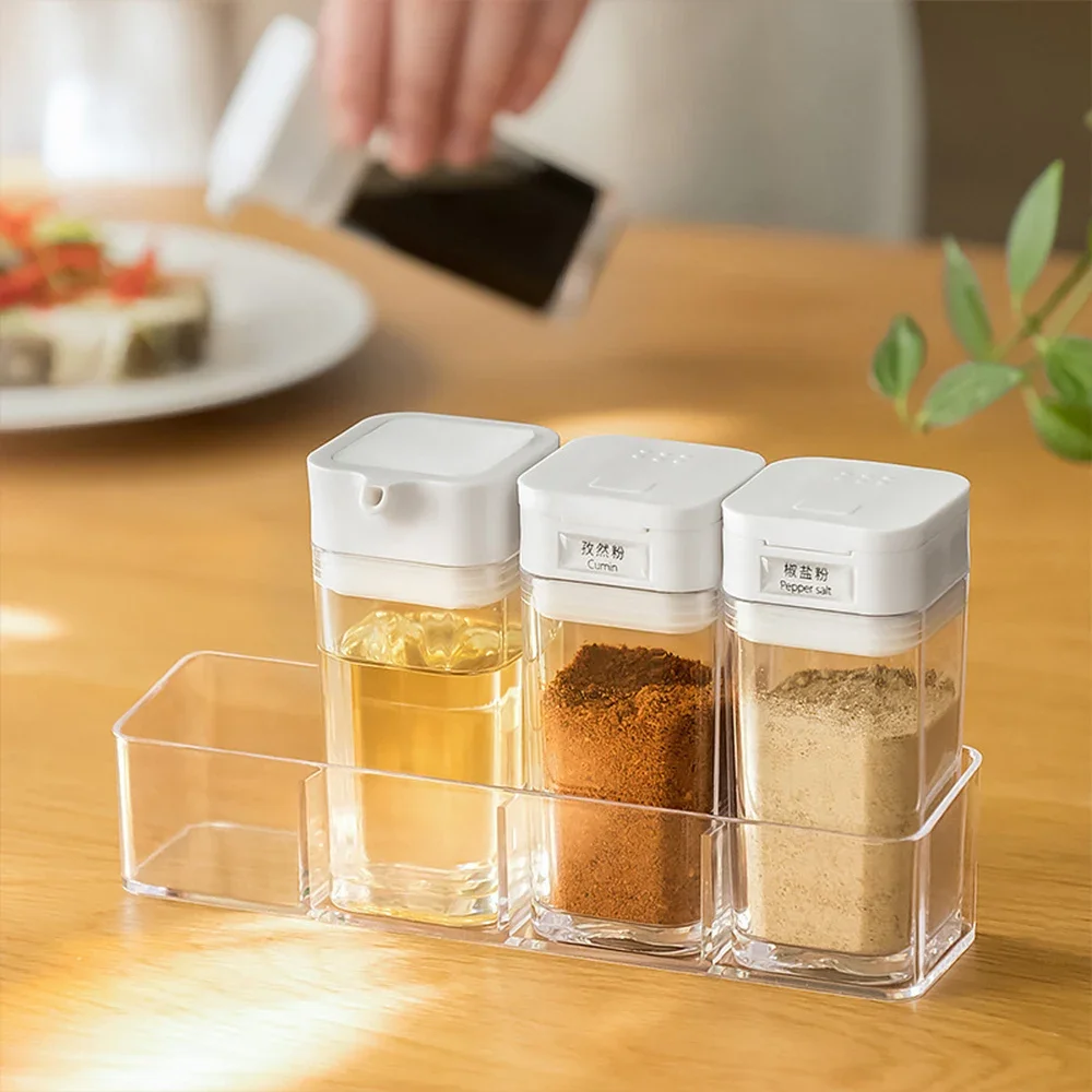 4pcs/Set Transparent Spices Jar Oil Control Bottle Seasoning Bottle Combination Kit Food Container Dispenser Kitchen Organizer