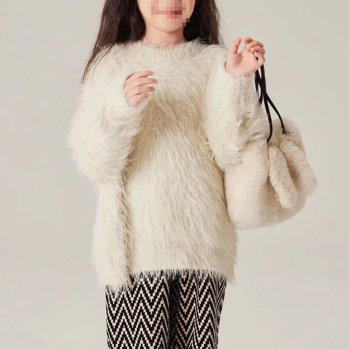 Girls Autumn and Winter Set 2024 New Sweater Pullover Sweater Thousand Bird Plaid Plus Fleece Wide-leg Pants Two-piece Set