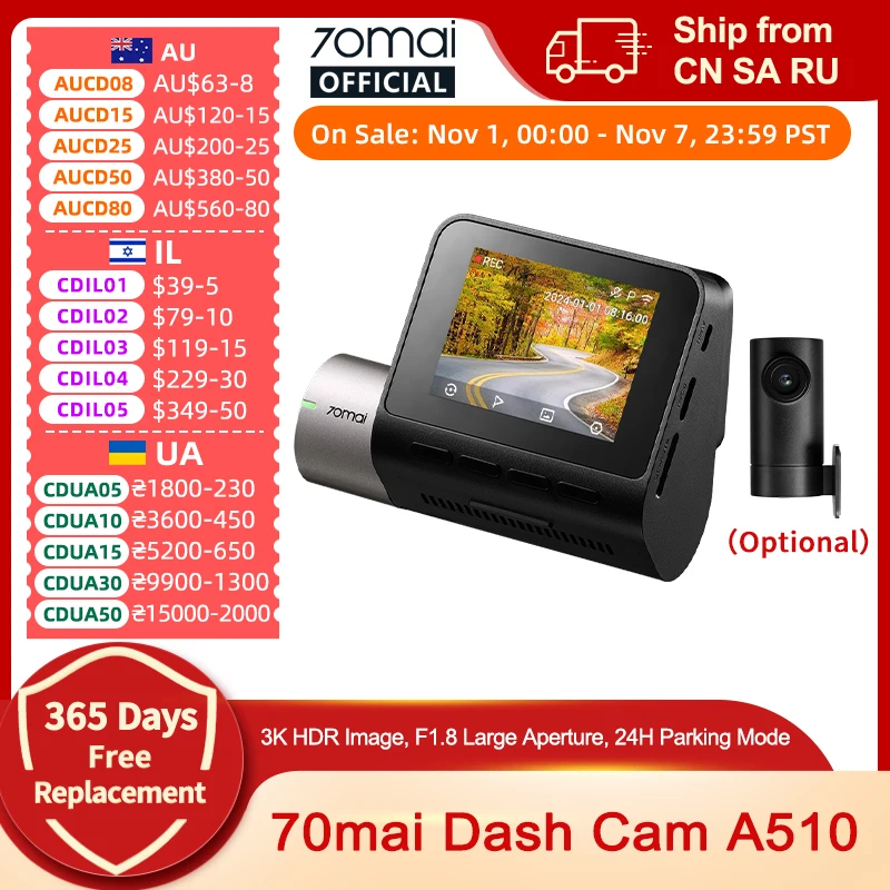 

Global Version New 70mai Dash Cam A510 1944P 3K Image HDR GPS ADAS 140FOV 24H Parking 70mai 4G Car DVR A510 Support Rear Cam