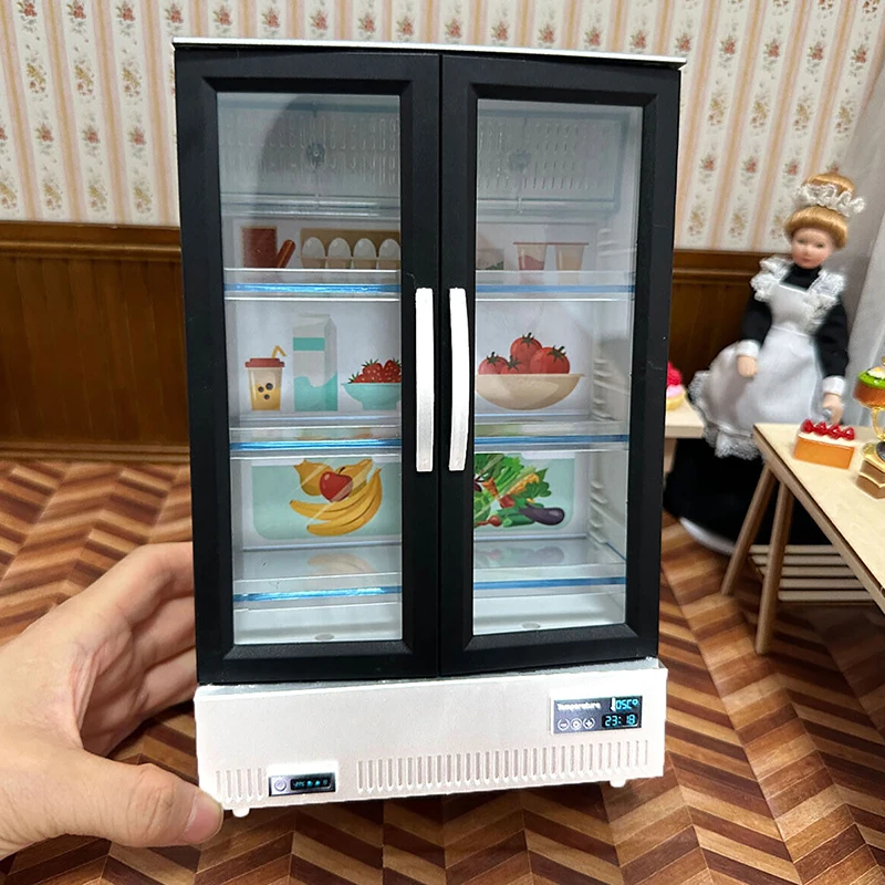 Rumah boneka Model Freezer dapur, ornamen rumah boneka kulkas pintu ganda Supermarket Mini Pemandangan dapur