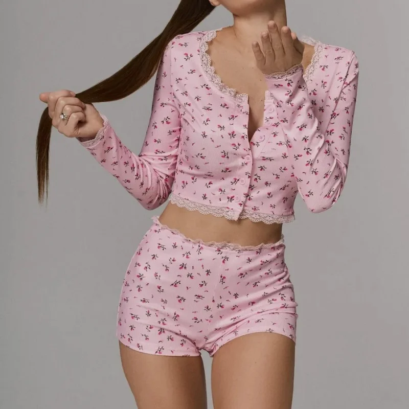 Nuevo conjunto de pijama con estampado Floral de estilo americano a la moda para mujer, Top ajustado de manga larga con cuello redondo y pantalones cortos, ropa de descanso