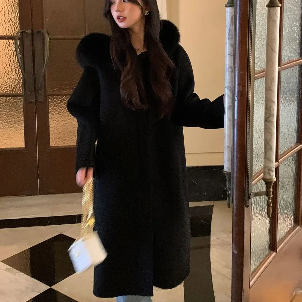 Long Loose Hooded Collar Tie Up Wool Coat 2024 New Autumn Winter Female Fashion Double-side Woolen Real Fox Fur Jacket Women