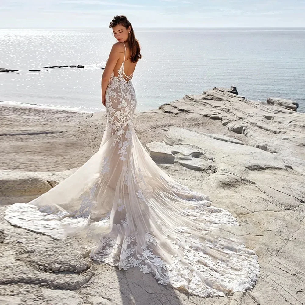 

Изысканные сексуальные платья невесты на тонких бретельках, милое кружевное платье русалки с v-образным вырезом и бисером, свадебные платья Vestidos De Novia