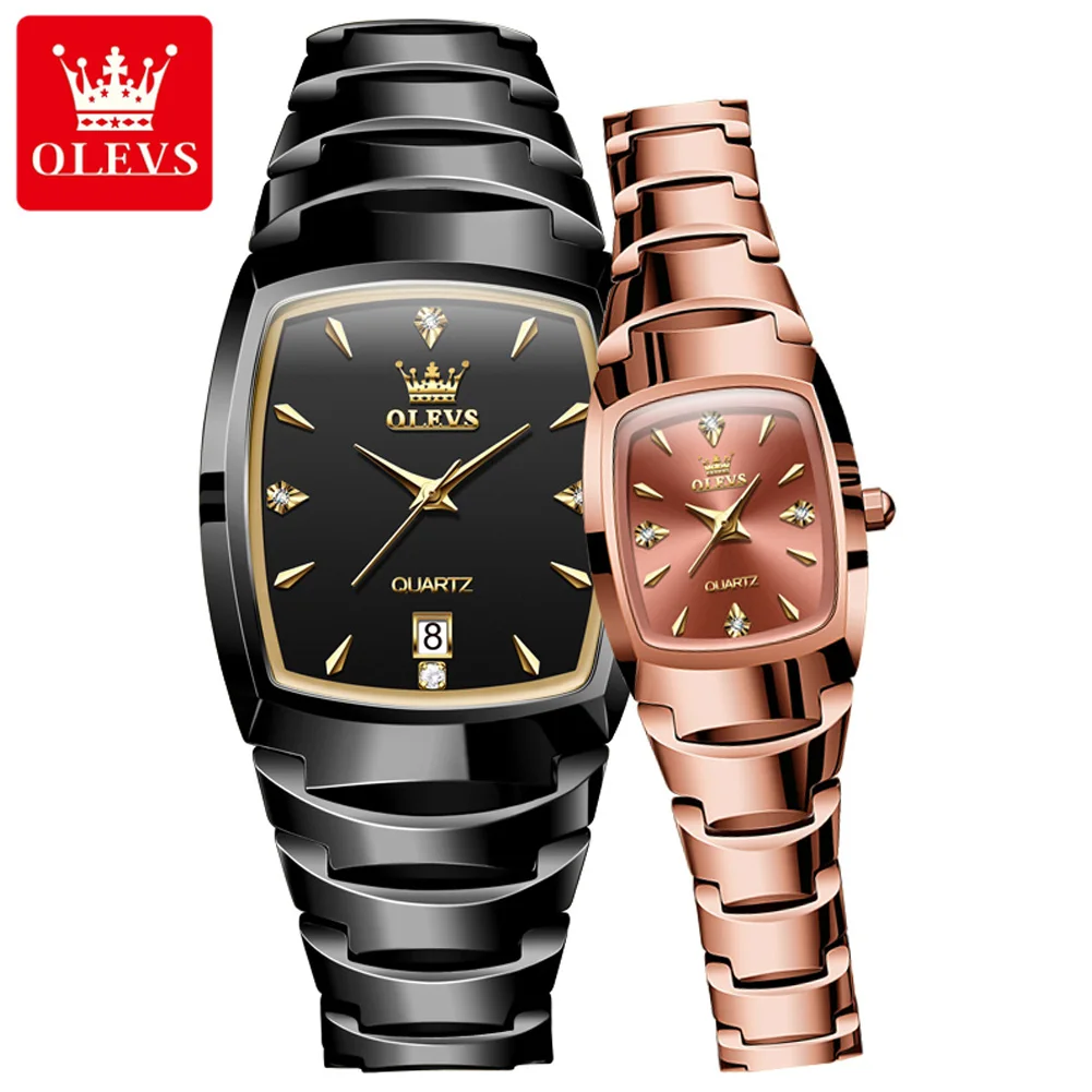 OLEVS Brands New Luxury Tungsten Steel Couple Quartz Watch for Men Women Sports Waterproof Calendar Fashion Couple Wristwatches