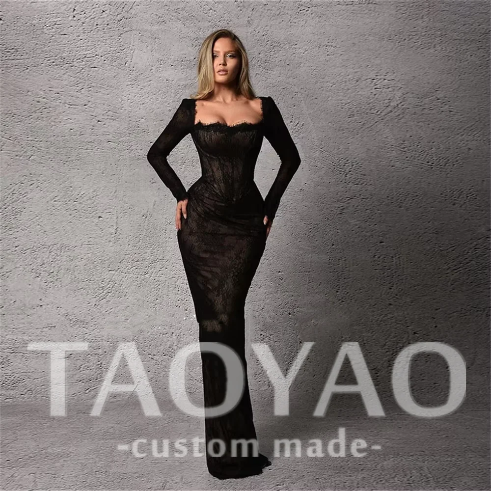 

Black Lace Mermaid Evening Party Dress Customized Square Collar Long Sleeves Floor Length Pleated Robe de soirée Party Prom Gown