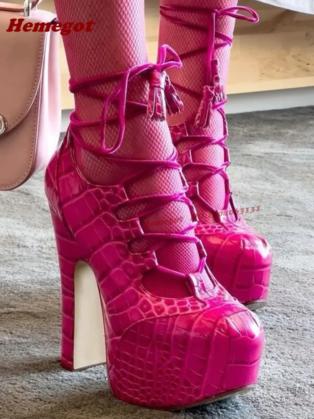 Sandalias de plataforma con patrón de cocodrilo rosa, sandalias de mujer con cordones y tacones gruesos con punta redonda, zapatos de pasarela de verano calados, sexys de lujo