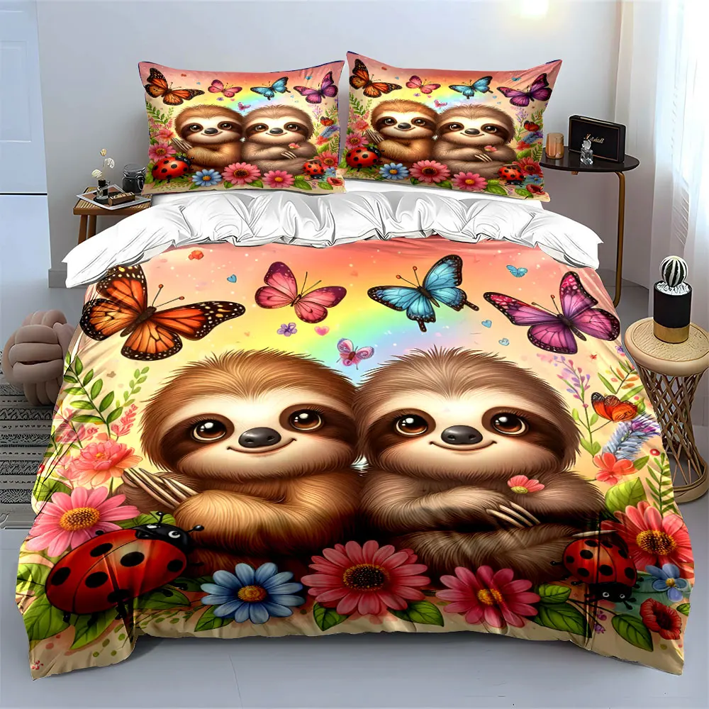 Cute sloths with butterflies and flowers Print Bedding Set 1 Duvet Cover 2 Pillowcases for Adult and Children Luxury Gift