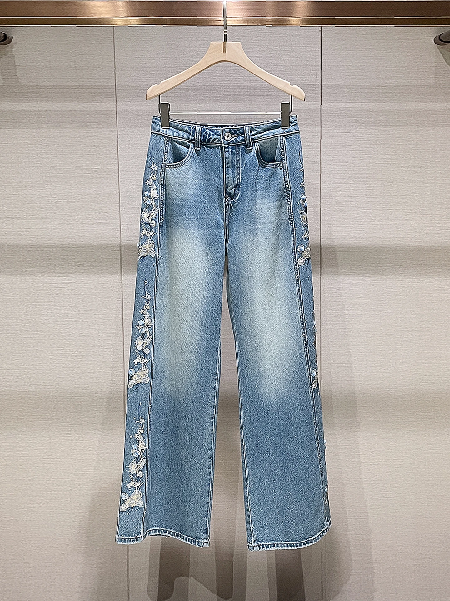 

American Sle Embroidered Heavy Du Jeans High Waist Blue Slim Straight Leg Casual Long Pants Spring New Arrival Women's Fa...