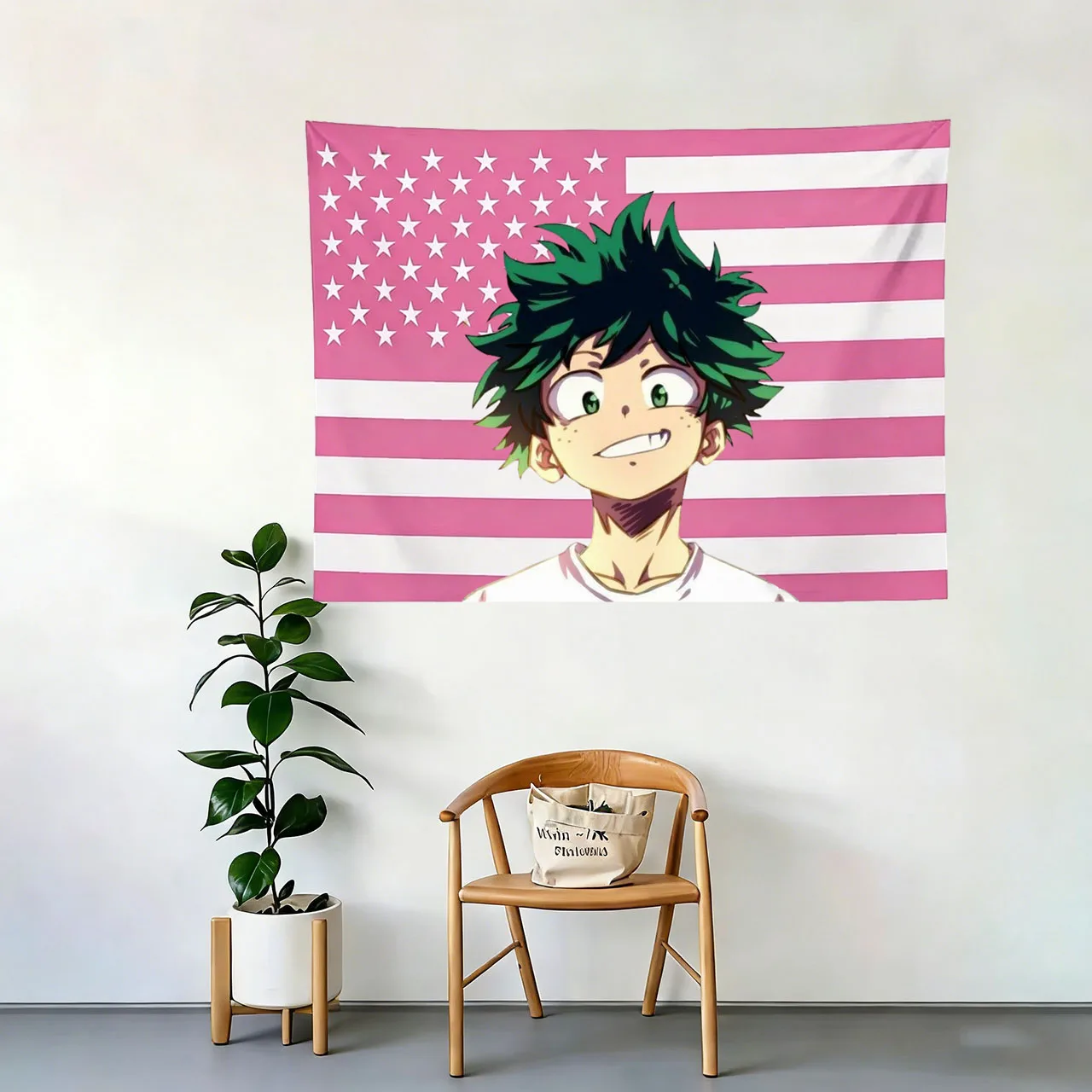 My Hero Academia Deku Pink American Flag Tapestry, Anime Wall Decor, Flat Print Bedroom Dorm Banner, MHA Fan Gift