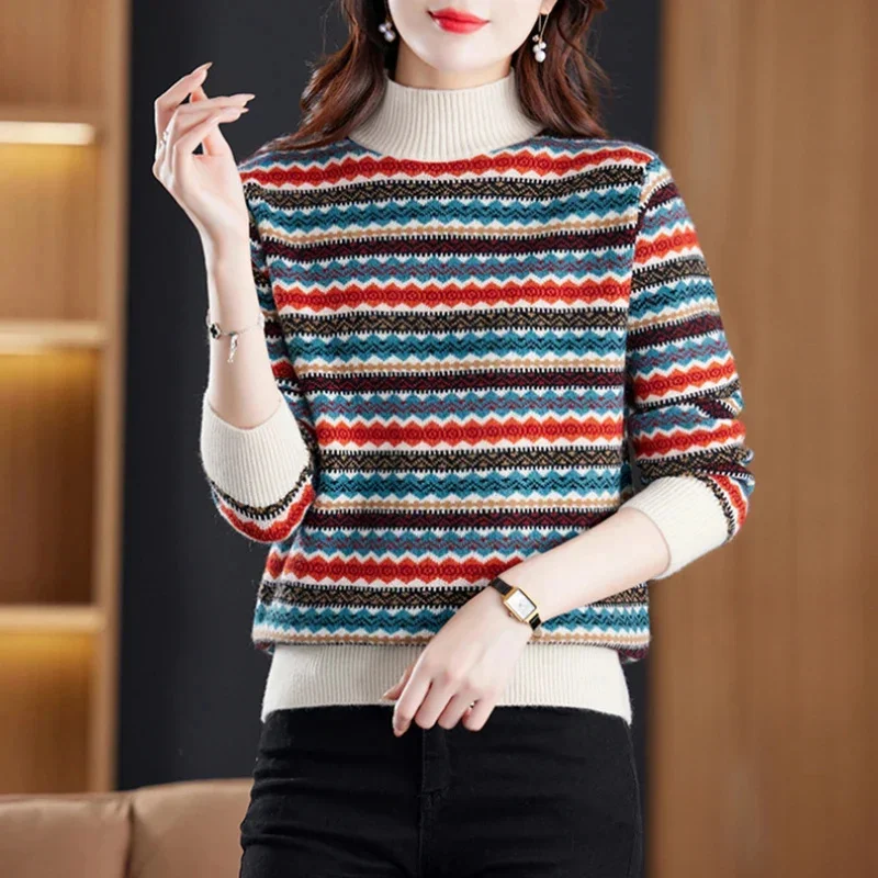 2024 New Half High Collar Print Sweater Women's Stripe Patchwork Korean Temperament Simple Fashion Loose Long Sleeve Knitted Top