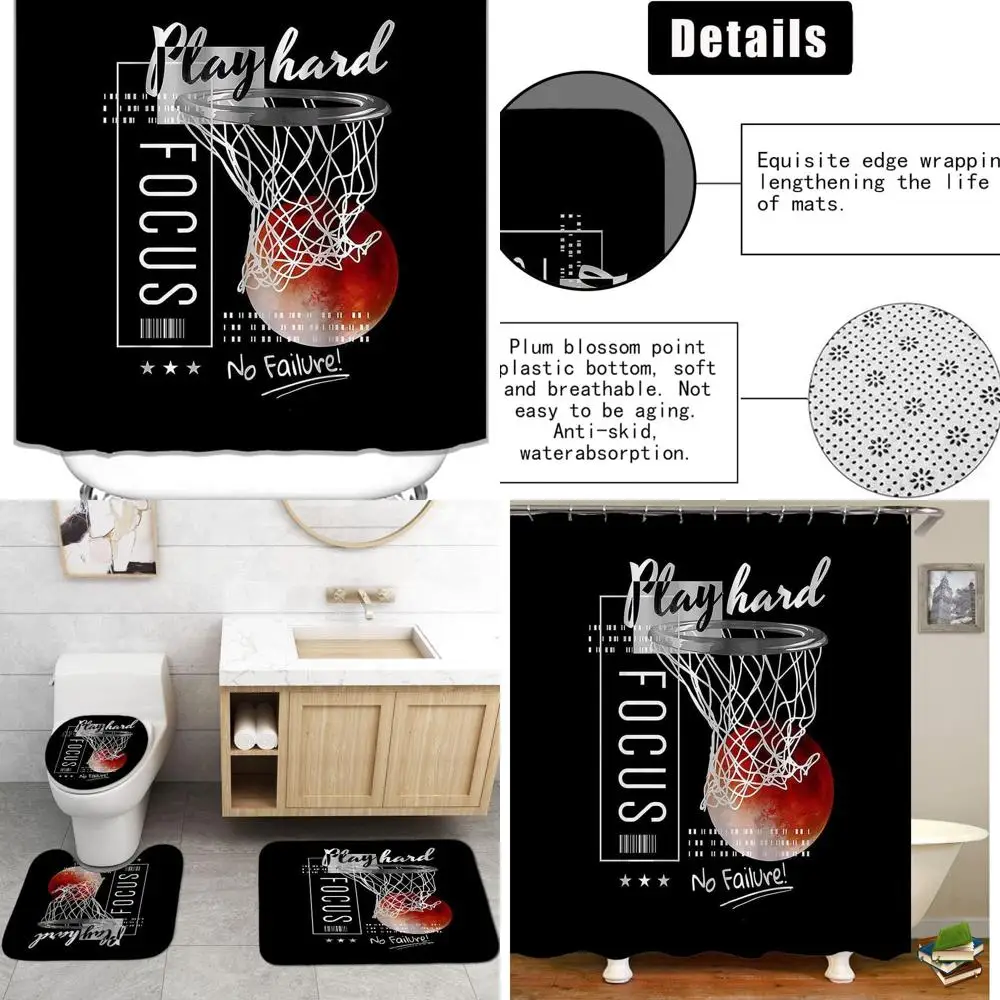 

Inspirational Basketball Shower Curtain Set with Orange Full Moon, Waterproof Fabric, and Non-Slip Bath Mat for Boys' Bathroom D