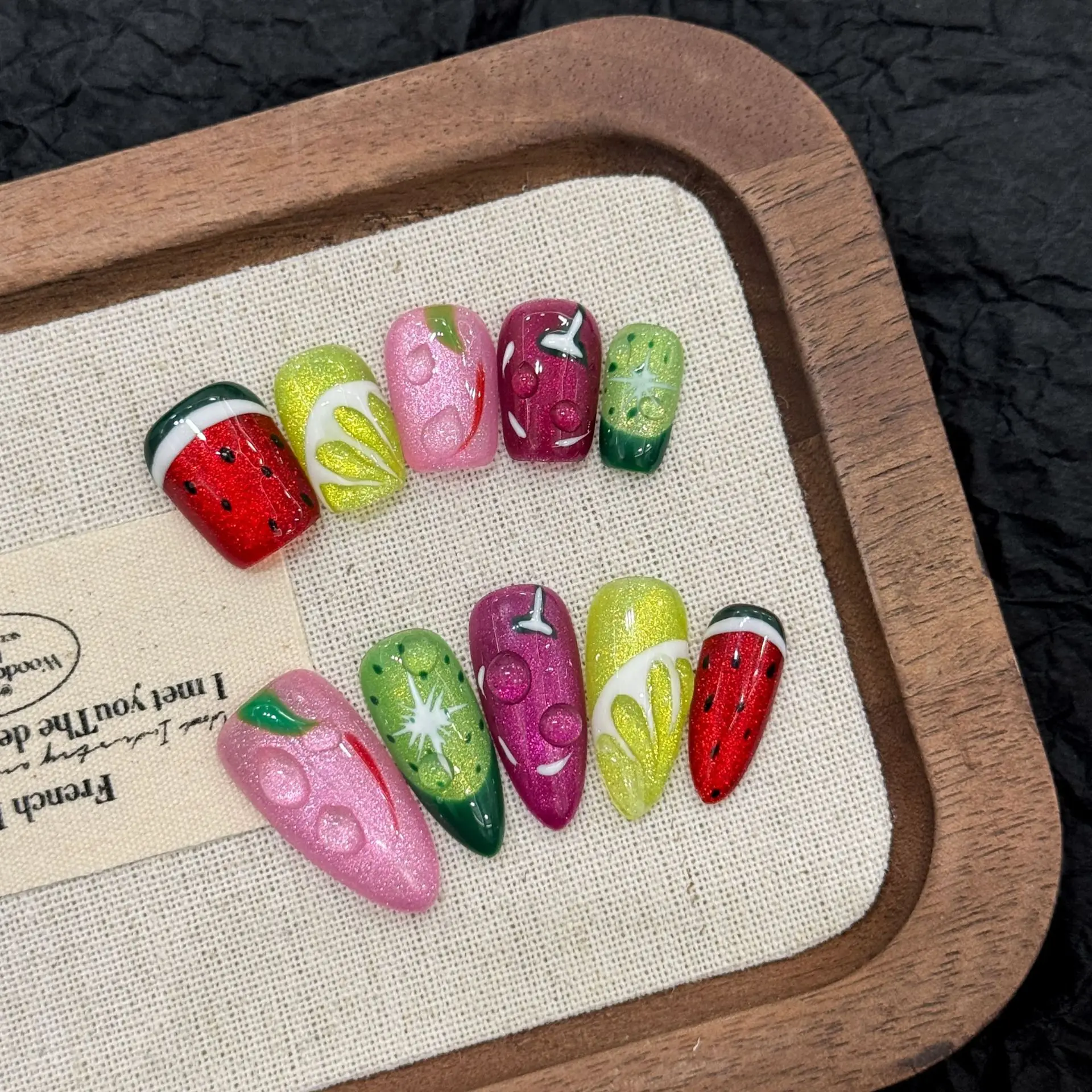 

10pcs Handmade Fruit Press on Nails Summer Watermelon and Lemon Fake Nails Wearable Cat Eye Cute False Nail Tips for Girls