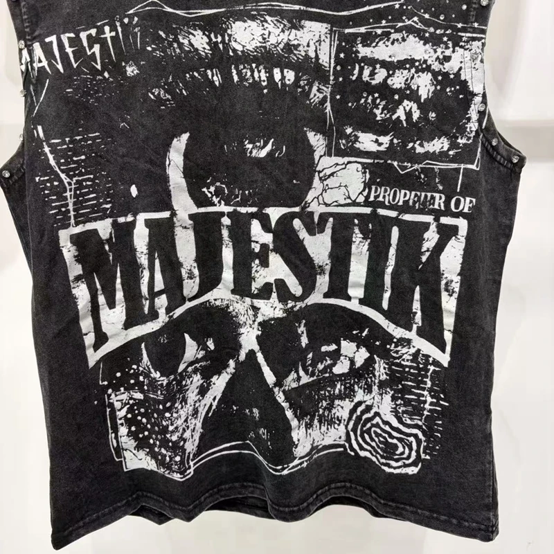 Schwarzes Grafik-Tanktop für Herren Sommer Gothic-Kleidung Distressed Ärmelloses T-Shirt Vintage Strass-Nieten Hip-Hop-Weste – Detail 7