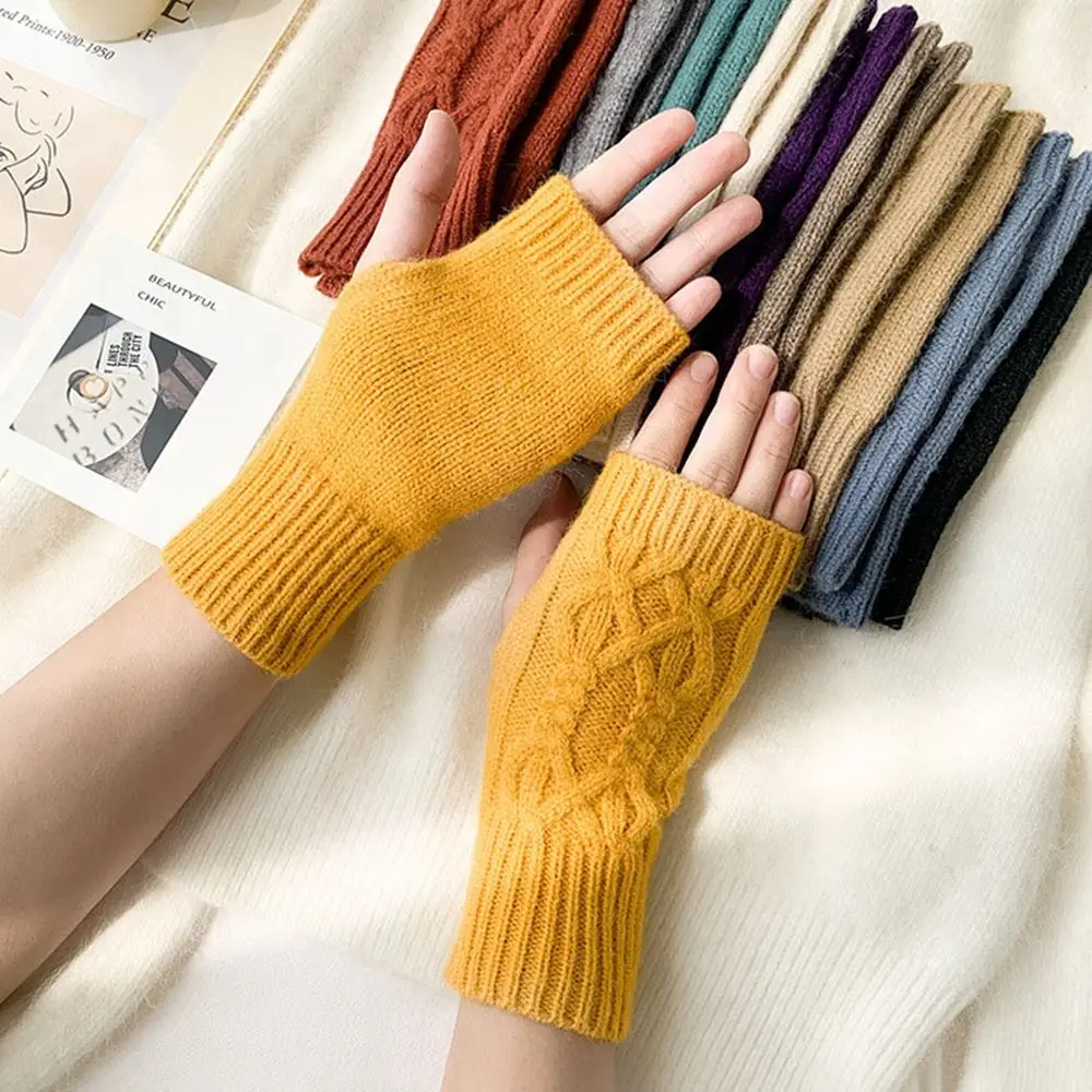 Solid Color Elastic Driving Gloves Fingerless Mittens Plus Velvet Female Gloves Twist Gloves Knitted Mittens Half-finger Gloves