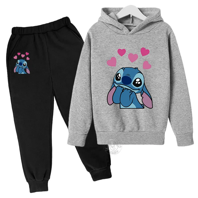 Disney Stitch Kawaii children\'s suit street fashion boys and girls suit sports pullover + sweatpants two-piece sports suit