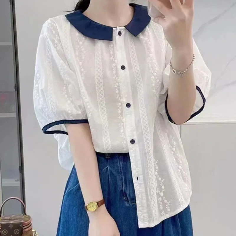 White Button Solid All-match Youth Blouse Summer New Short Sleeve Contrast Loose Fashion Shirt Tops Sweet Korean Women Clothing