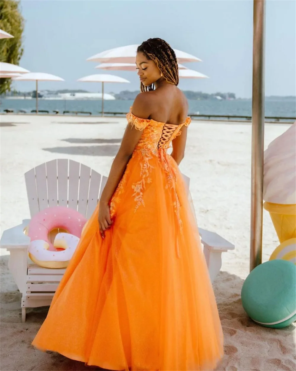 Annie Orange Decal Prom Dresses Women's Evening Dresses A-shaped Women's Formal Occasions Wedding Party Dress Vestidos De Noche