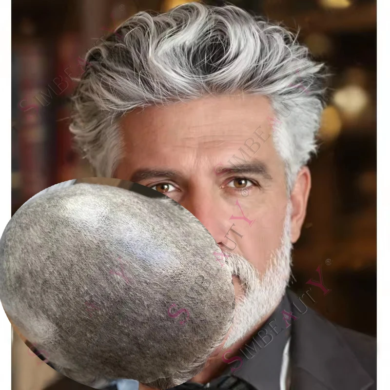 1B80 رمادي الرجل العجوز الاصطناعية غير قابلة للاكتشاف الرجال الشعر المستعار سوبر خط الشعر الطبيعي أشقر بني Microskin رقيقة HD بولي خصلات الشعر المستعار الإنسان