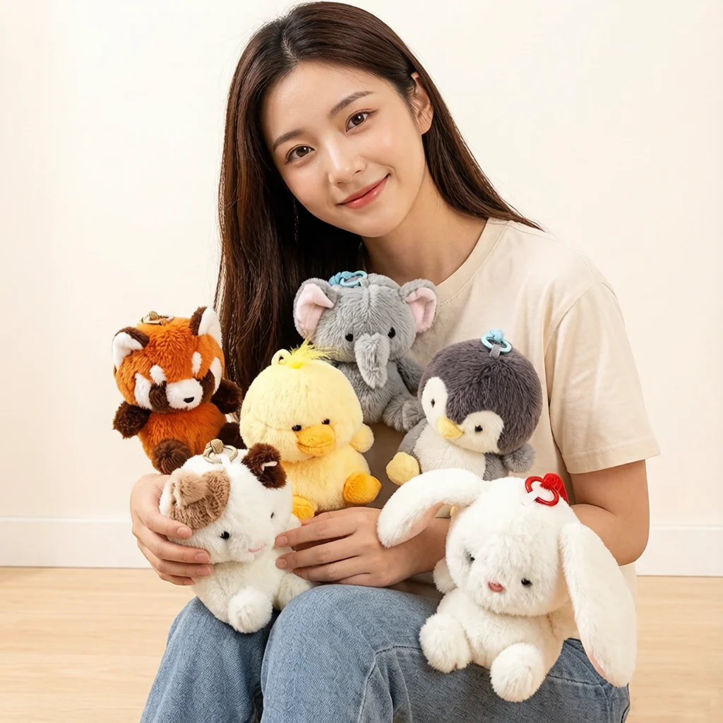 

12cm Cute Animals Plush Pendant Red Panda Penguin Duck 3 Colors Cat Keyring with Loop Plushie Decor for Bag Gift