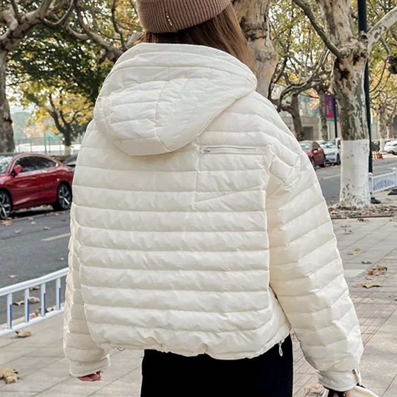 Schinteon Women Ultralight Down Jacket Casual Loose Over Size Autumn Winter Outwear White Duck Down Short Coat with Hood 2024