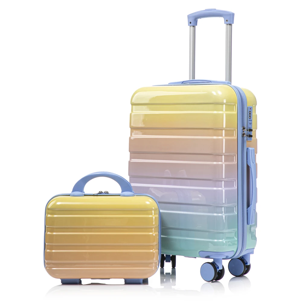 

14"/20" 2 pcs/set in PC Spinner Wheel Luggage, Carry on Suitcase, With Gradient Color and Combination Lock(Blue+Yellow)