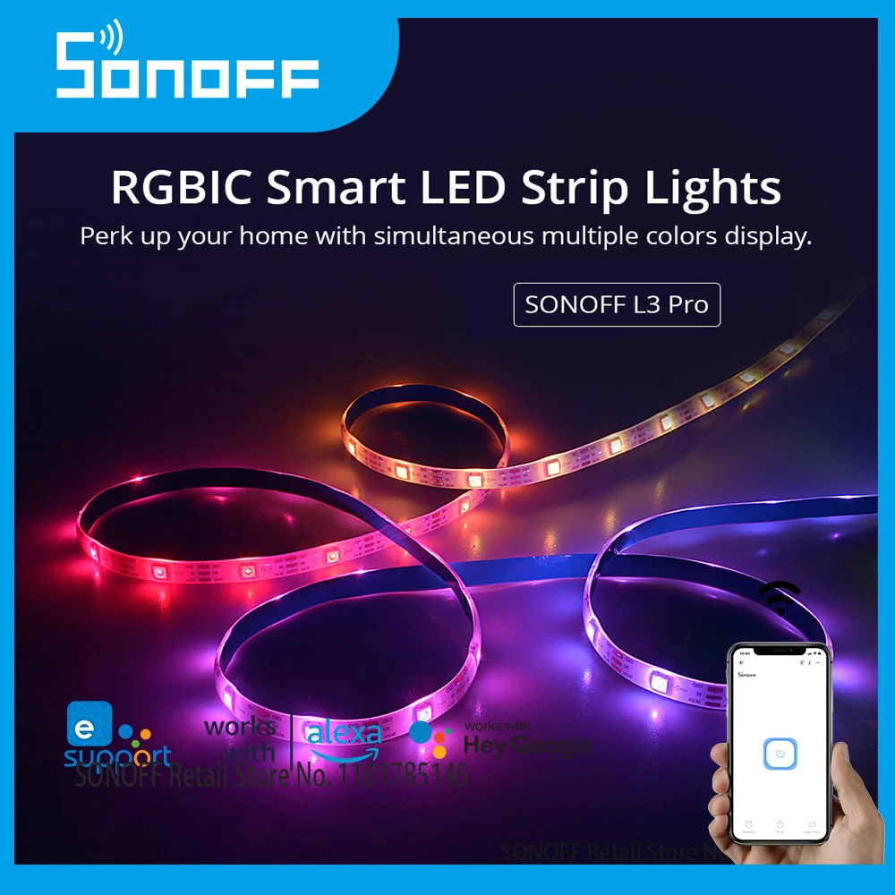 

Умная Светодиодная лента SONOFF L3 Pro, 5 м, RGBIC, Wi-Fi, футов, беспроводной пульт дистанционного управления, голосовое/Местное управление, USB C, адаптер постоянного тока 5 В, гибкая лента