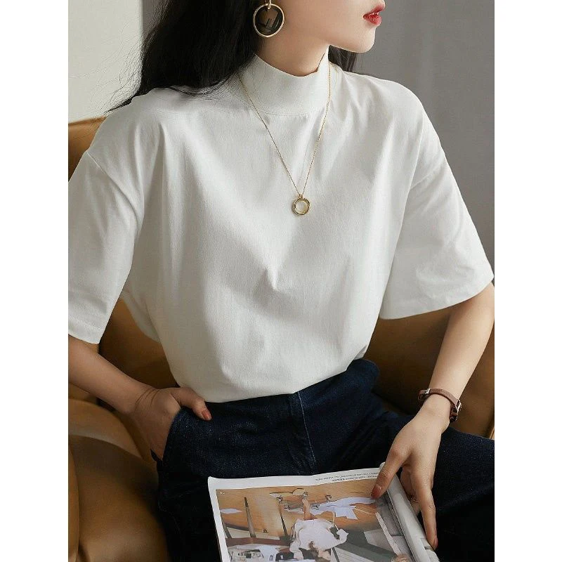 

Summer Half Turtleneck Short Sleeve Women T Shirt Fashion Simple Classic All-match 2xl Oversized Inside Clothes Top Black White