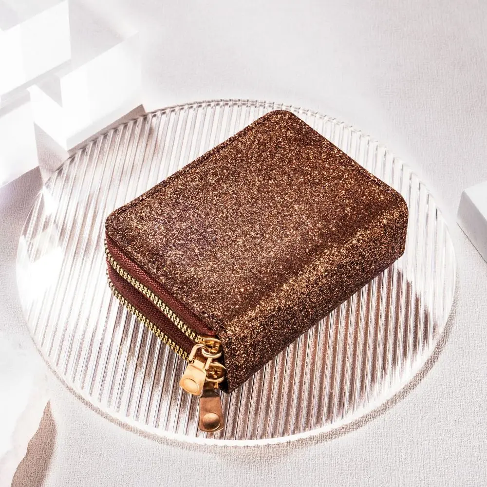 Solid Color Women Card Bag Luxury Double Zipper Starry Shiny Wallet ID Bank Credit Card Coin Purse Accordion Card Holder Girls